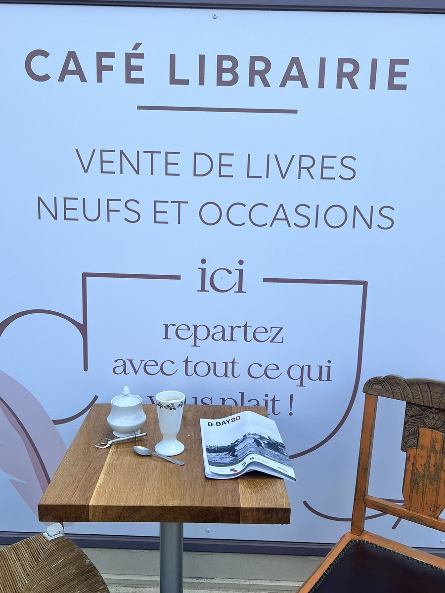 HistoryPegg's tweet image. I’m having the most delightful coffee in #Bayeux in a small independent cafe. Who would have thought you can have coffee in a book shop and not only that find @SeaSpitfires brilliant Sword Beach book.  Not a bad view either.  

#Dday80