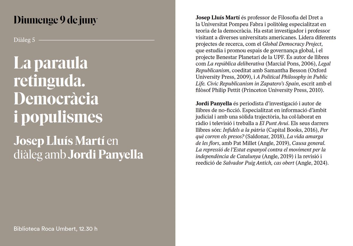 José Luis Martí (@jlmarti2075) on Twitter photo Diumenge, després de votar, participaré en el festival Opera Aperta de Granollers, en diàleg amb <a href="/PanyellaJordi/">Jordi Panyella Ferreres</a>, parlant sobre "la paraula retinguda": censura, democràcia, populismes... No us ho perdeu, 12.30h a la Biblioteca Roca Umbert <a href="/MuseuG/">Museu de Granollers</a>
museugranollers.cat/festival-opera… Diumenge, després de votar, participaré en el festival Opera Aperta de Granollers, en diàleg amb <a href="/PanyellaJordi/">Jordi Panyella Ferreres</a>, parlant sobre "la paraula retinguda": censura, democràcia, populismes... No us ho perdeu, 12.30h a la Biblioteca Roca Umbert <a href="/MuseuG/">Museu de Granollers</a>
museugranollers.cat/festival-opera…