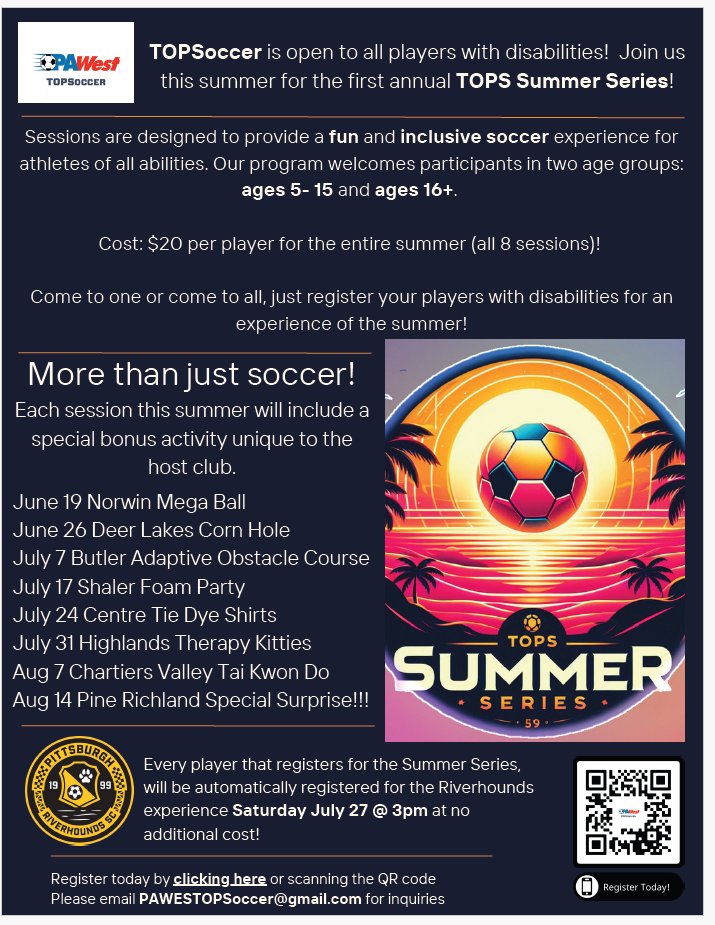 PittREAACT's tweet photo. This Summer, @SoccerPAWest is offering TOPSoccer, a soccer camp open to all players with disabilities (ages 5+). Learn more about the series and register here: https://t.co/DH73swbVDk https://t.co/yFgkali5X3