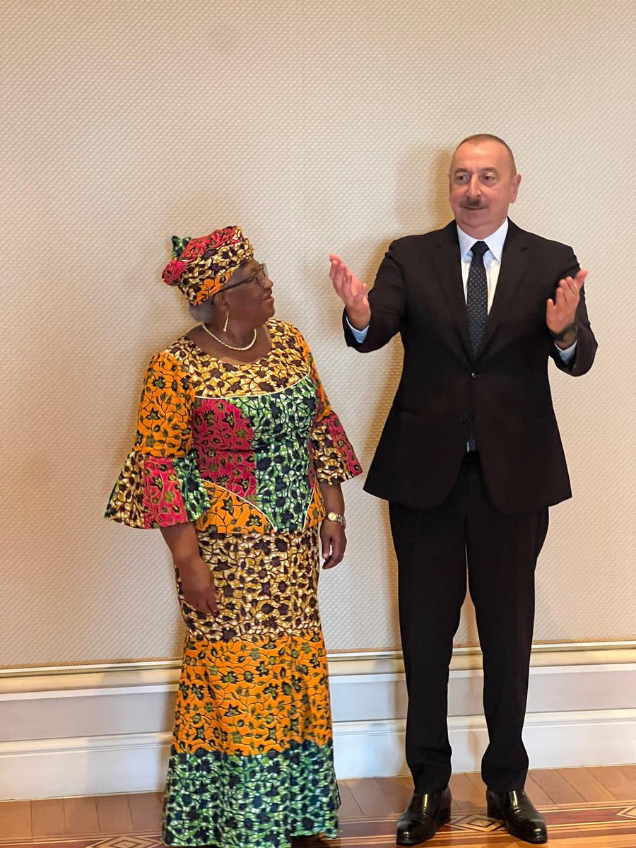 NOIweala's tweet photo. In Baku, Azerbaijan with H.E President Ilham Aliyev discussing Azerbaijan’s accession to the @WTO including an assessment of impact on Azerbaijan’s economy and next steps in the process. Thank you Mr President for the enlightened discussion we had and your graciousness @azpresident. Also with the @WTO Chair of the Azerbaijan’s Working Party Amb Alparslan Acarsoy @lparslanacarsoy and Minister of Economy H.E Mikayil Jabbarov.