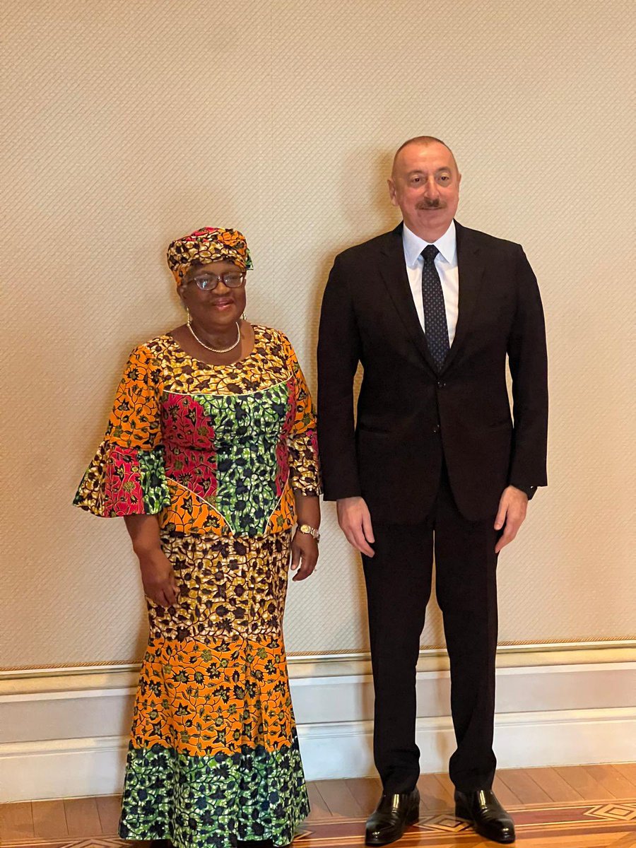 NOIweala's tweet photo. In Baku, Azerbaijan with H.E President Ilham Aliyev discussing Azerbaijan’s accession to the @WTO including an assessment of impact on Azerbaijan’s economy and next steps in the process. Thank you Mr President for the enlightened discussion we had and your graciousness @azpresident. Also with the @WTO Chair of the Azerbaijan’s Working Party Amb Alparslan Acarsoy @lparslanacarsoy and Minister of Economy H.E Mikayil Jabbarov.