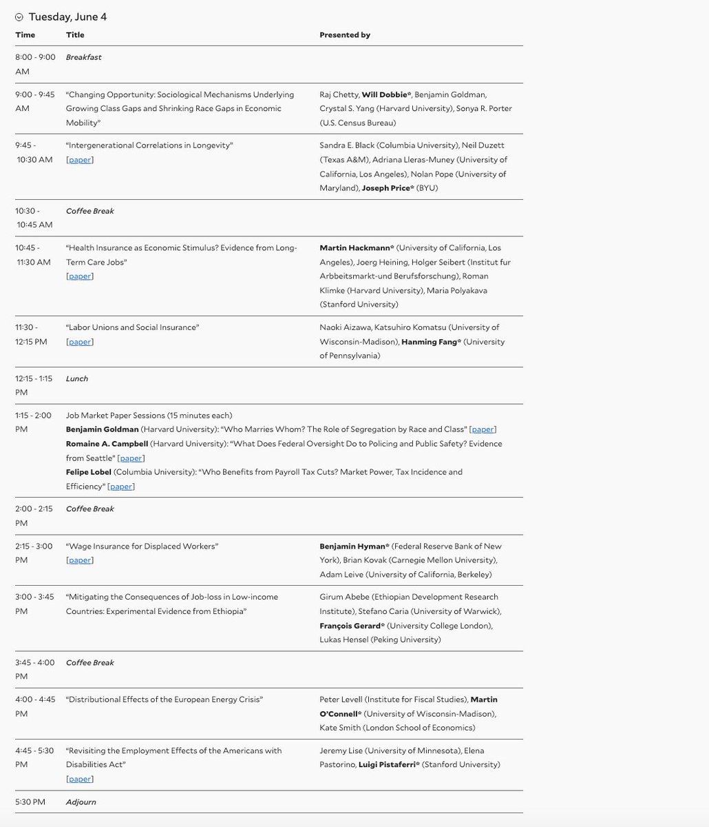Cowles Foundation (@yalecowles) on Twitter photo This week's Labor & Public Economics Conference ft. new work on school vouchers, returns to schooling, labor market bargaining, employer collusion, economic mobility, wage insurance, & more
Organized by <a href="/WinnieVanDijk/">Winnie van Dijk</a> & Seth Zimmerman, agenda/papers here: cowles.yale.edu/events/summer-โฆ This week's Labor & Public Economics Conference ft. new work on school vouchers, returns to schooling, labor market bargaining, employer collusion, economic mobility, wage insurance, & more
Organized by <a href="/WinnieVanDijk/">Winnie van Dijk</a> & Seth Zimmerman, agenda/papers here: cowles.yale.edu/events/summer-โฆ