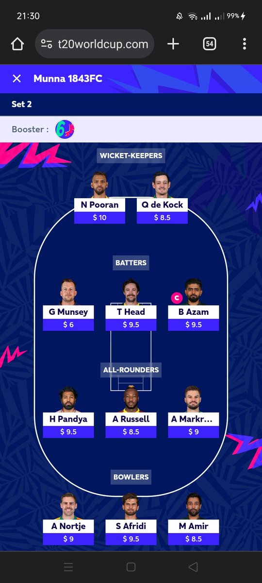 munna_rambo's tweet image. Ready steady po for 2nd set
Here we go
My #2ndSet team for #ICCT20WorldCupFantasy
Booster is on!
Double Pakistani Bowler 🤲🤤🫣💥💣
Munsey the differential
Pooran Russel Against Poor Uganda
