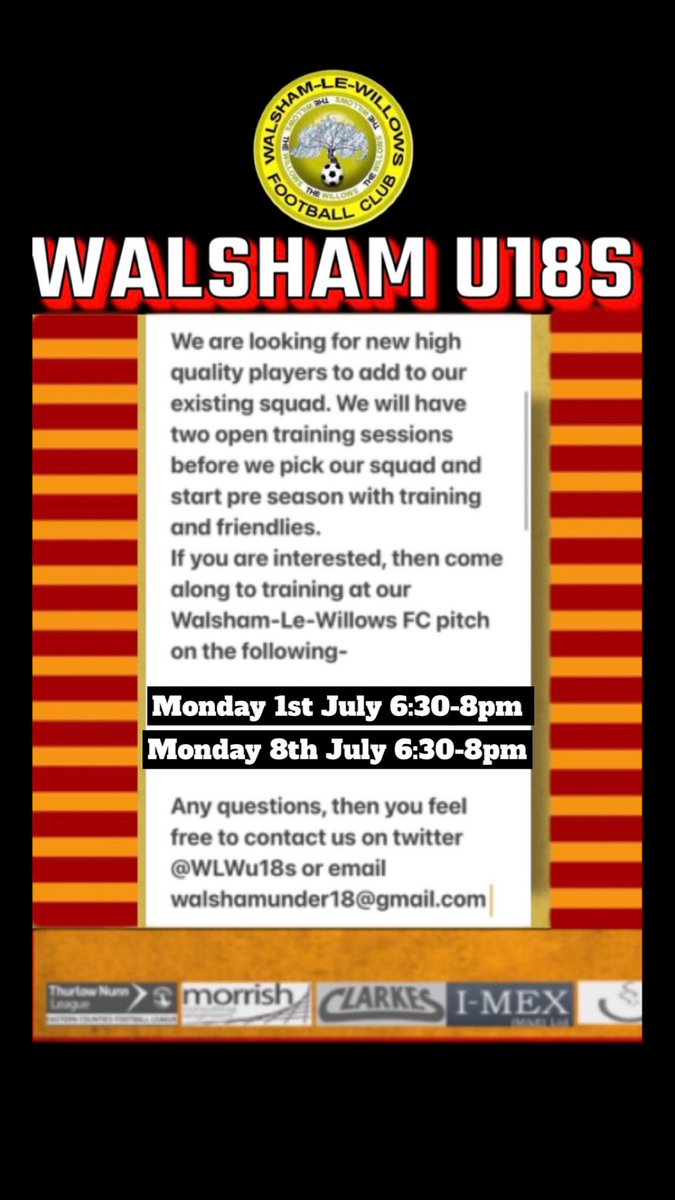 Interested in playing Midweek u18 football? 
Play under lights? 
Belong to a club with a long history of development from youth to senior teams (over 50 u18s making their 1st team debut while playing for us)? 
Then if you’re at a high standard, we at Walsham u18s want you‼️
 ⬇️⬇️