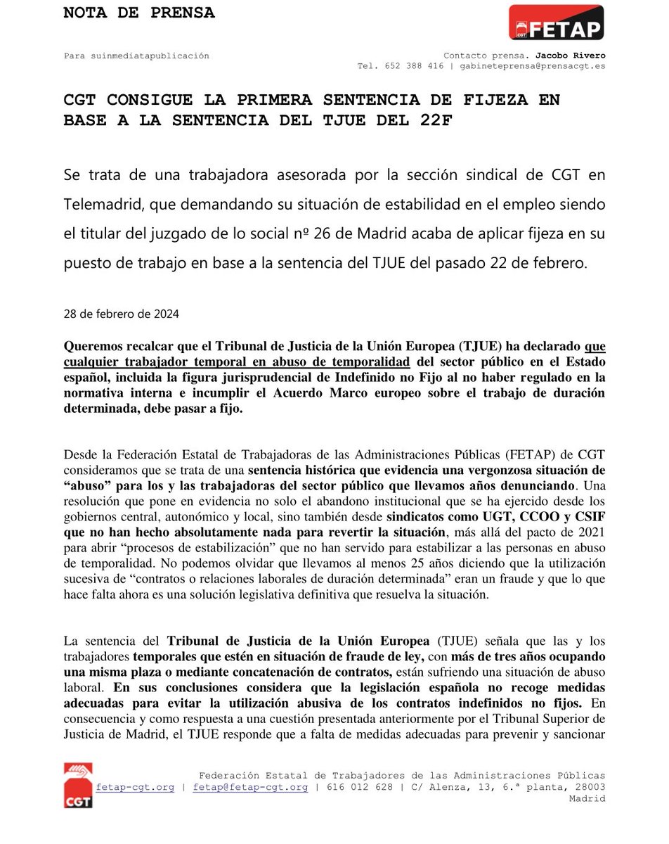 cgtjusticiacat's tweet image. Per això @cgtjusticiacat avisem amb temps i que sempre queda via judicial per reconèixer l&apos;abús de temporalitat de +3 anys, i ja tenim sentència en base a la sentència del TJUE, així com hem activat via europea q obligui a #fixesa als abusats via directiva europea whitleblowers
