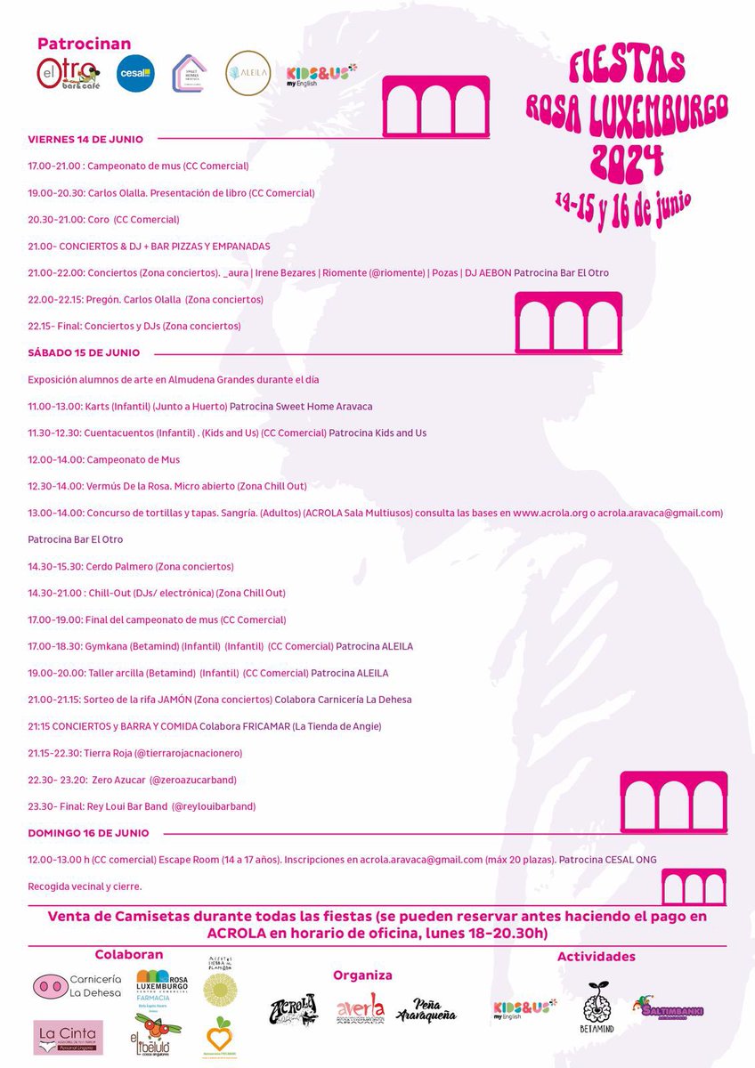 Acrola2's tweet photo. Llegan las esperadas fiestas de Rosa Luxemburgo (#Aravaca) 14-16 junio 2024 . Conciertos, actividades infantiles … Muchas actividades para todas las edades! Os esperamos ! 
 @OsaMayorAravaca @colegiorosalux @ampaiesanafrank @RadioAcrola @aparosaluxembu1 https://t.co/rn8rJuQoDb
