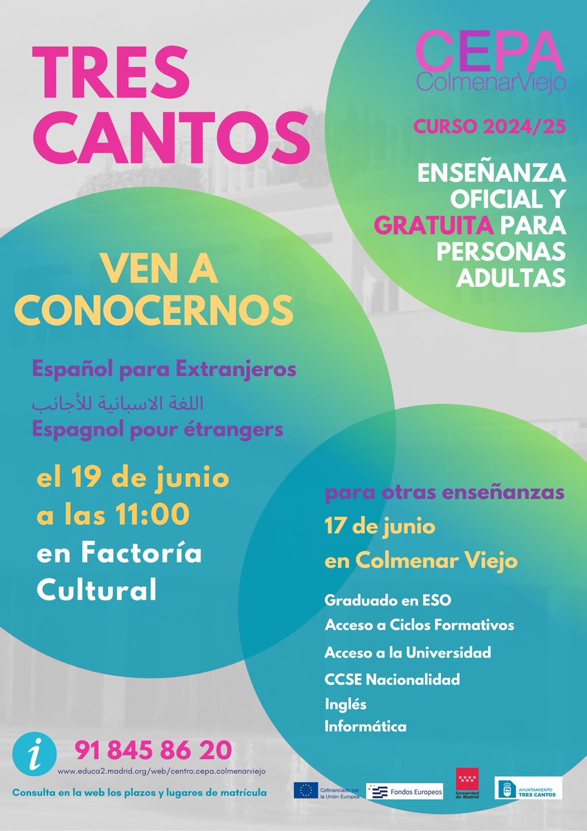 juventud3c's tweet photo. 👩‍🏫El miércoles 19 a las 11:00  todas las personas interesadas en #Aprender ESPAÑOL PARA EXTRANJEROS pueden ir a FACTORÍA CULTURAL para matricularse para el curso que viene. 
👉Para otras enseñanzas tenemos una jornada el 17 de junio en la sede de @CEPAColmenar 📞918458620 https://t.co/ZFM9sRXmzc