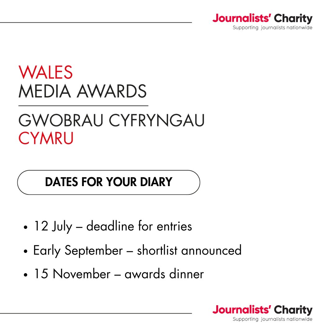 Entries for the Wales Media Awards 2024 are open 📢

Shortlist announced in September 👀

Awards dinner 15 November 🏆

Visit our website to enter before the deadline ⌛

journalistscharity.org.uk/journalists-ch…

#w_m_a2024   #walesmediaawards