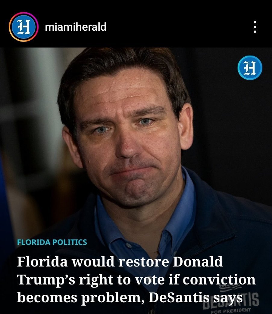 DeSantis had to be sued because his voter task force targeted former felons who are disproportionately Black for attempting to vote because they thought they could.

But now that Trump is a felon DeSantis will happily change the law to let him vote.

White supremacy alive &amp; well.