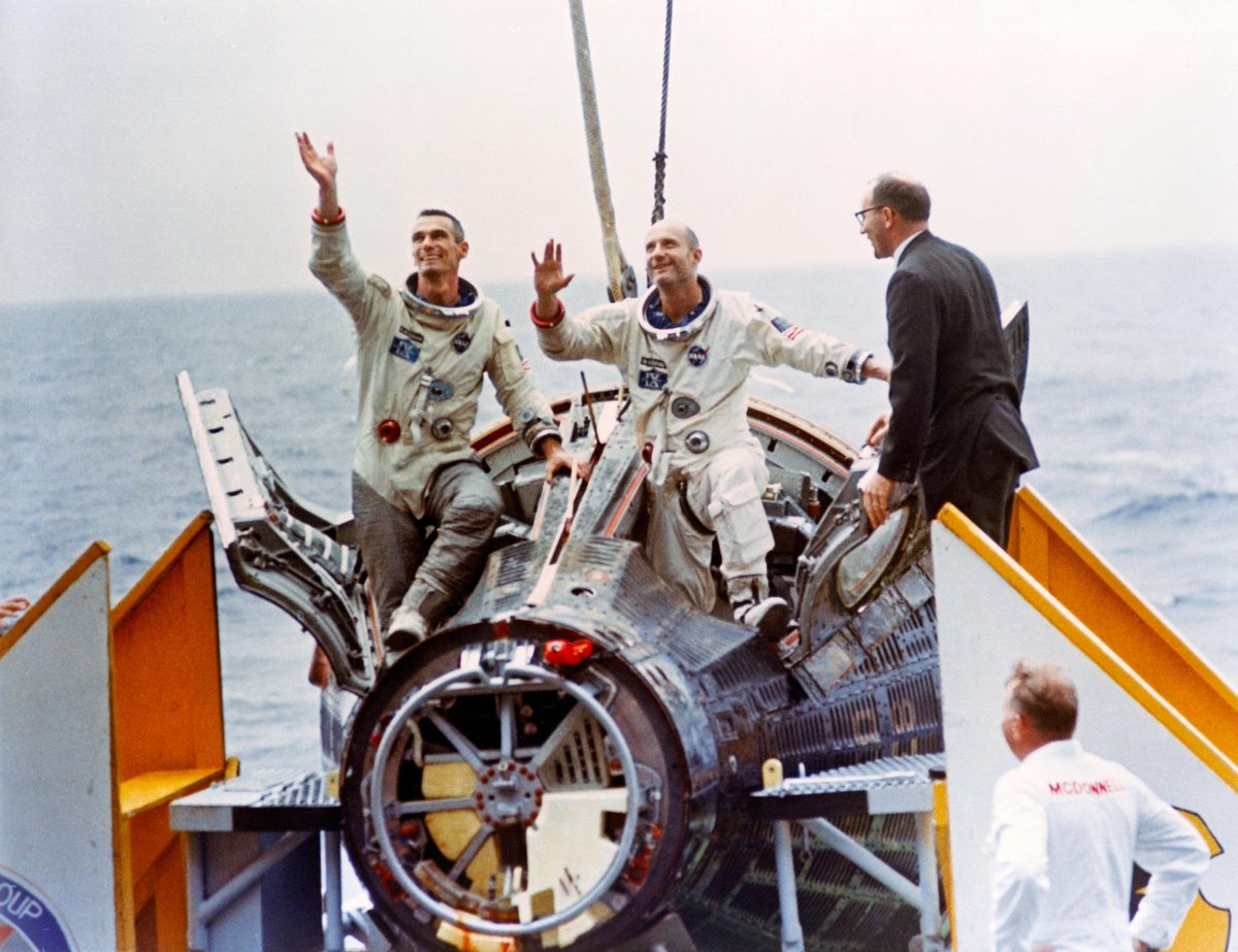 Today in 1966, Gemini IX-A astronauts Tom Stafford and Gene Cernan splashed down in the western Atlantic after a three day mission. An hour later they were welcomed aboard the U.S.S. Wasp recovery ship.