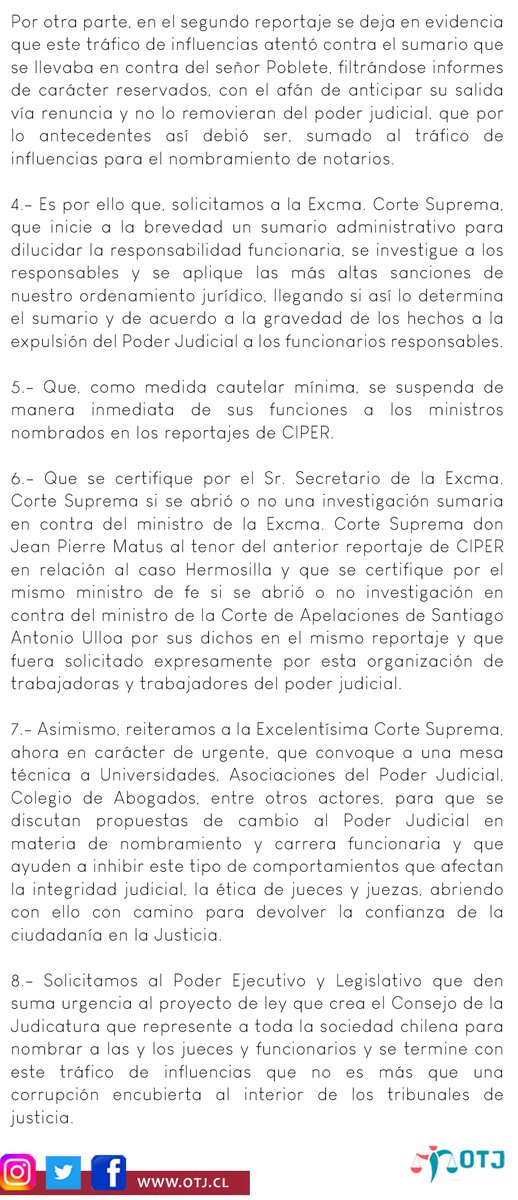 📰COMUNICADO: "Las trabajadoras y los trabajadores del Poder Judicial decimos basta a la corrupción en el Poder Judicial". La Organización de Trabajadoras y Trabajadores del Poder Judicial (OTJ), declara y solicita lo siguiente: 

#desbordes #mariodesbordes #poderjudicial #ciper