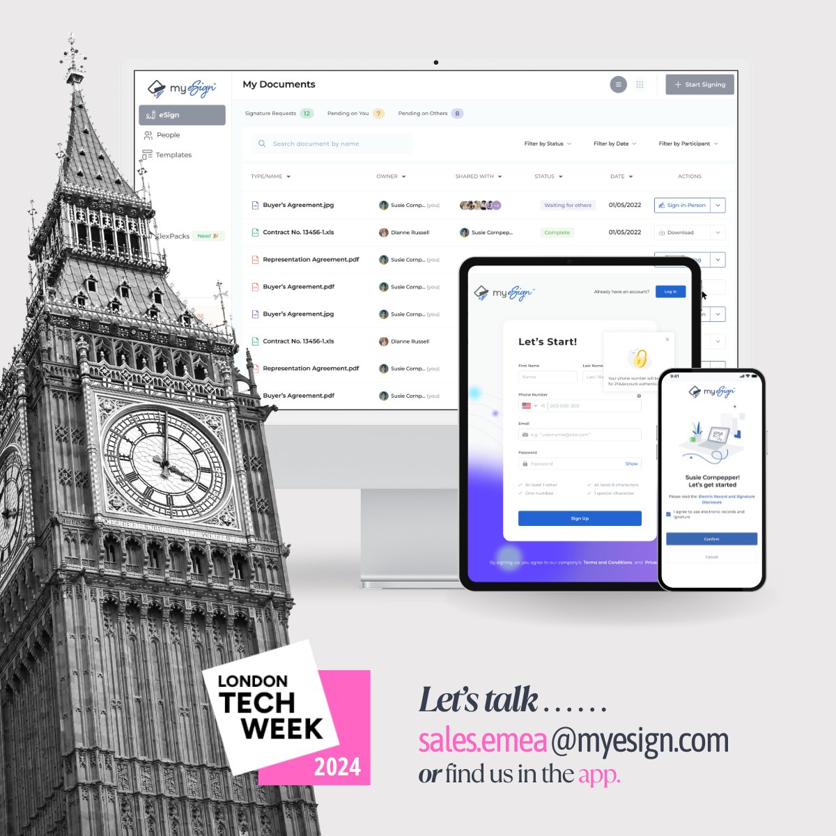 MyeSignHQ's tweet photo. Looking forward to #LTW24 #myesign @myesignhq make sure you drop us a note or sync up on the London Tech Week APP. #esignature #payments #nfx #bloomberg - MUCH MORE than just eSignature. @cms_law https://t.co/vipARJG7yt
