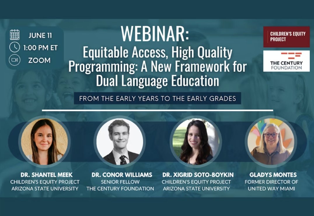 The Century Foundation (@tcfdotorg) on Twitter photo Dual-language education is the gold standard for emergent bilinguals. On June 11, join us & <a href="/ChildrensEquity/">Children's Equity Project</a> for a webinar on strategies to make these programs accessible to all, featuring @ShantelMeek @ConorPWilliams @XigridSoto.
RSVP: bit.ly/45alsZm Dual-language education is the gold standard for emergent bilinguals. On June 11, join us & <a href="/ChildrensEquity/">Children's Equity Project</a> for a webinar on strategies to make these programs accessible to all, featuring @ShantelMeek @ConorPWilliams @XigridSoto.
RSVP: bit.ly/45alsZm