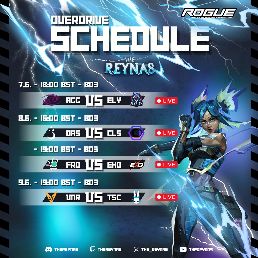 The_Reynas's tweet photo. 🔵🟣P/O Schedule DAY 1🟣🔵

Congratulations to the teams the qualified for Play-Offs!
🎉

We kick off the Play-Offs tomorrow at 18:00 BST with 
@AndromedaGGEU vs @ElysianOrgUK 

Will we see you there??? 💪

#Overdrive #TheReynas https://t.co/2svp8sHyI6