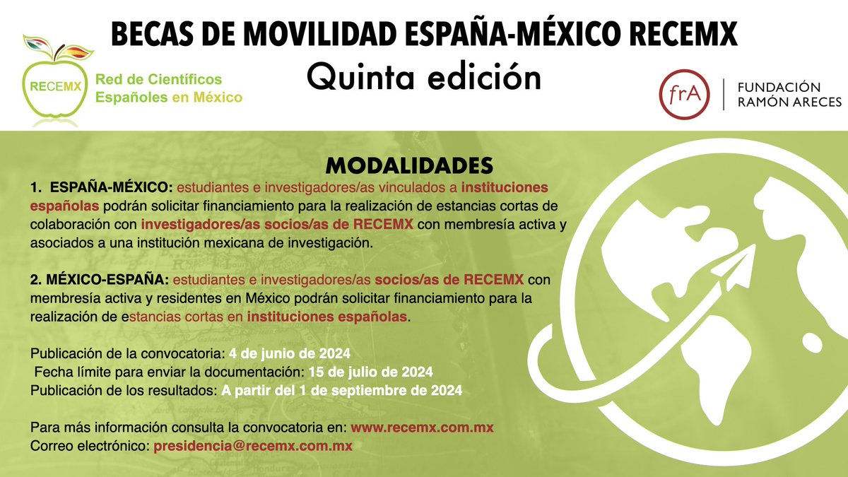 Quinta edición becas RECEMX! Realiza una estancia corta en México con RECEMX o fortalece lazos en España si ya eres socio. ¡Sé parte del puente académico entre España y México! #RECEMX #EstanciasAcadémicas