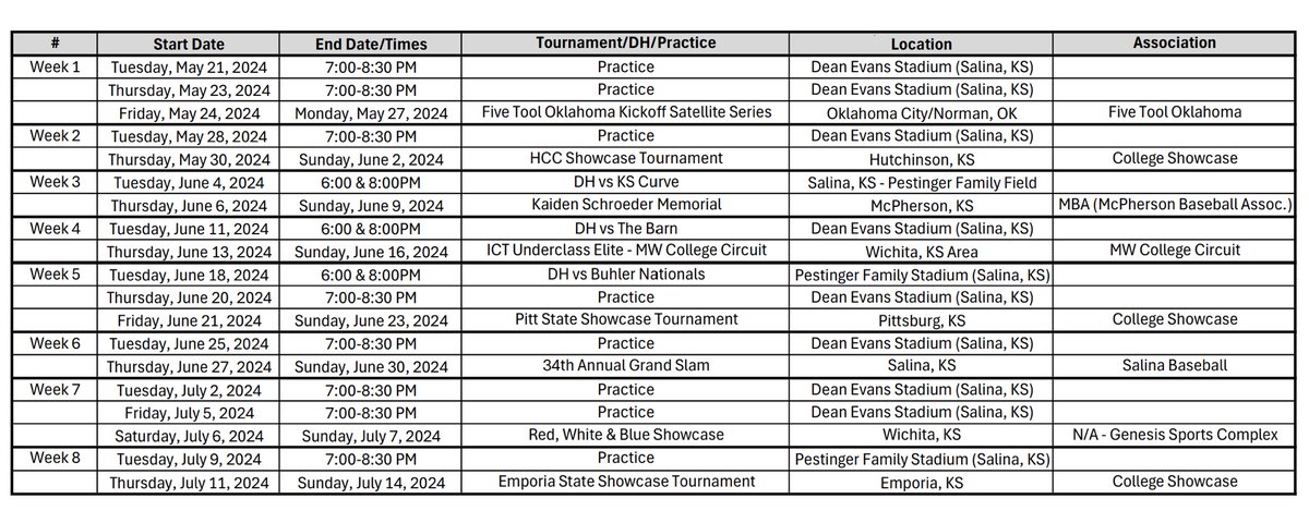 2024 <a href="/SalinaBaseball/">🇺🇸Salina Baseball⚾️</a> Spikes (Perez) Schedule