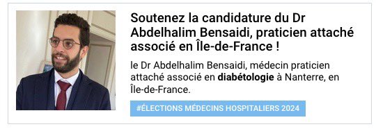 Pour soutenir le Dr Abdelhalim Bensaidi 
🔸praticien attaché associé en #diabétologie en Île-de-France
🔸vice-président de <a href="/ipadecc/">IPADEC</a> et à ce titre médecin très investi pour la reconnaissance des #PADHUE
➡️ votez Jeunes Médecins aux élections à l'hôpital du 11 au 18 juin ! 🗳️