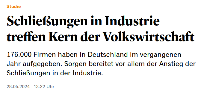 176.000 Firmen haben in Deutschland im vergangenen Jahr aufgegeben. Und die Leute wählen immer weiter die gleichen Parteien, deren verfehlte Politik dazu geführt hat!
handelsblatt.com/politik/konjun…