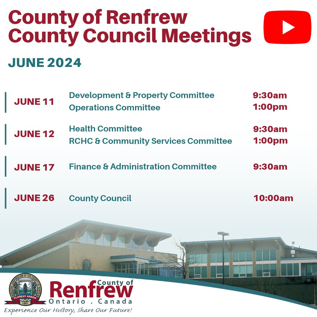 RenfrewCounty's tweet photo. The standing committee meetings of Renfrew County Council are this week & one committee June 17. See the schedule below. Watch our posts Tuesday, Wednesday and next Monday mornings for YouTube links to view the meetings live.
#CommitteeWeek
#RenfrewCountyCouncil
#RenfrewCounty https://t.co/kwDhlHxSxJ
