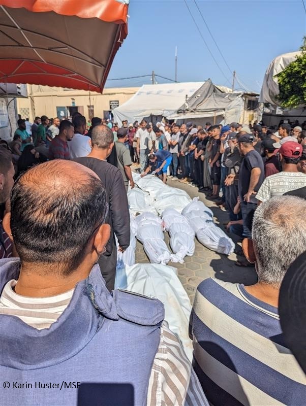 MSF's tweet photo. 🚨#Gaza: As Israeli military strikes continued last night in the Middle Area, Al-Aqsa hospital is barely coping with the influx of patients and dead people. “It’s a scene of devastation. This hospital is a sinking ship.” - Karin Huster, MSF medical adviser in Gaza. https://t.co/OsPxzZvQq7