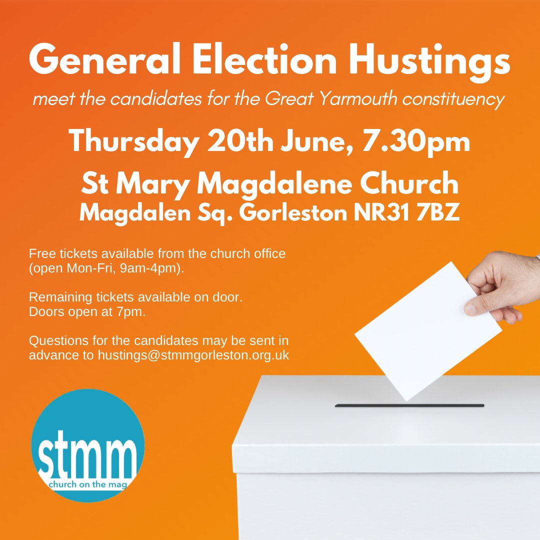 Come and meet the candidates for the #GreatYarmouth constituency. We’re delighted to be hosting an election hustings event. Tickets available from our church office. #generalelection24 <a href="/DioceseNorwich/">Diocese of Norwich</a> <a href="/GYMercury/">Great Yarmouth Mercury</a> <a href="/BBCNorfolk/">BBC Norfolk</a> <a href="/EDP24/">Eastern Daily Press</a> <a href="/networknorfolk/">Network Norfolk</a>