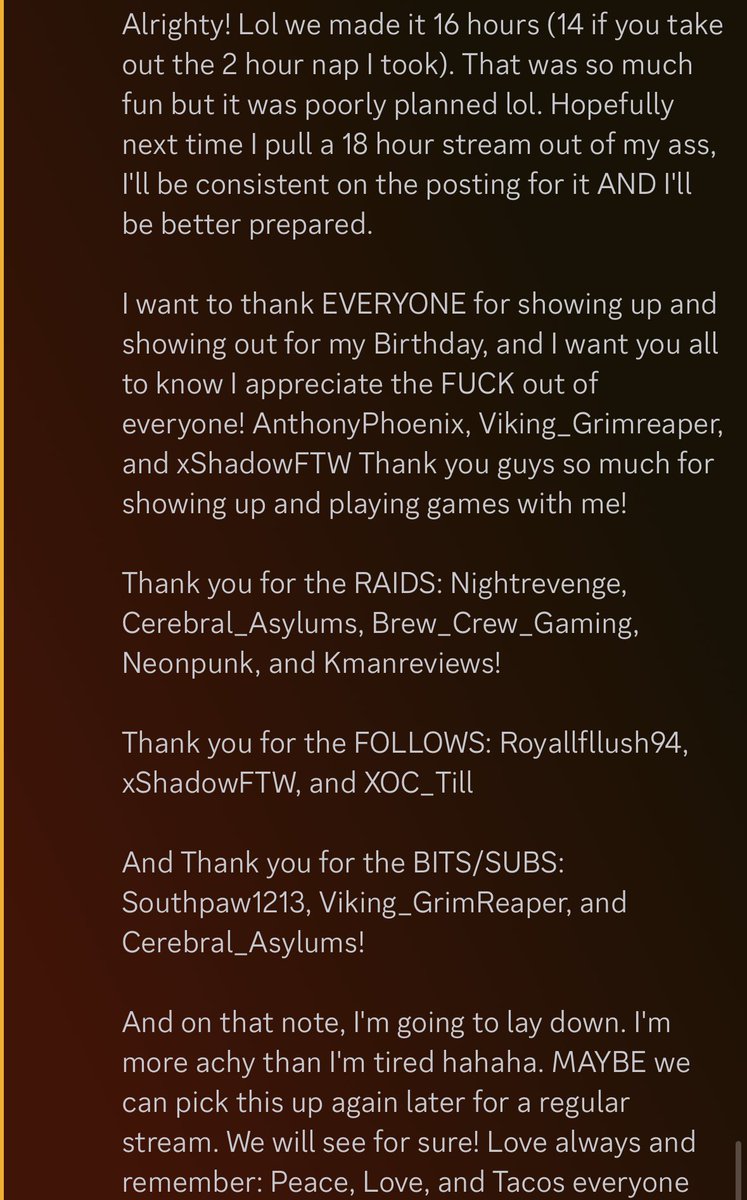 ValusTripsTV's tweet photo. So I’m weakkk hahah only made it a little over 16 hours technically. But it was amazing! @Cerebral_Asylum @VikingReaperTTV @xShadowFTW_ @NC_Nightrevenge https://t.co/5ByWR3Fikx