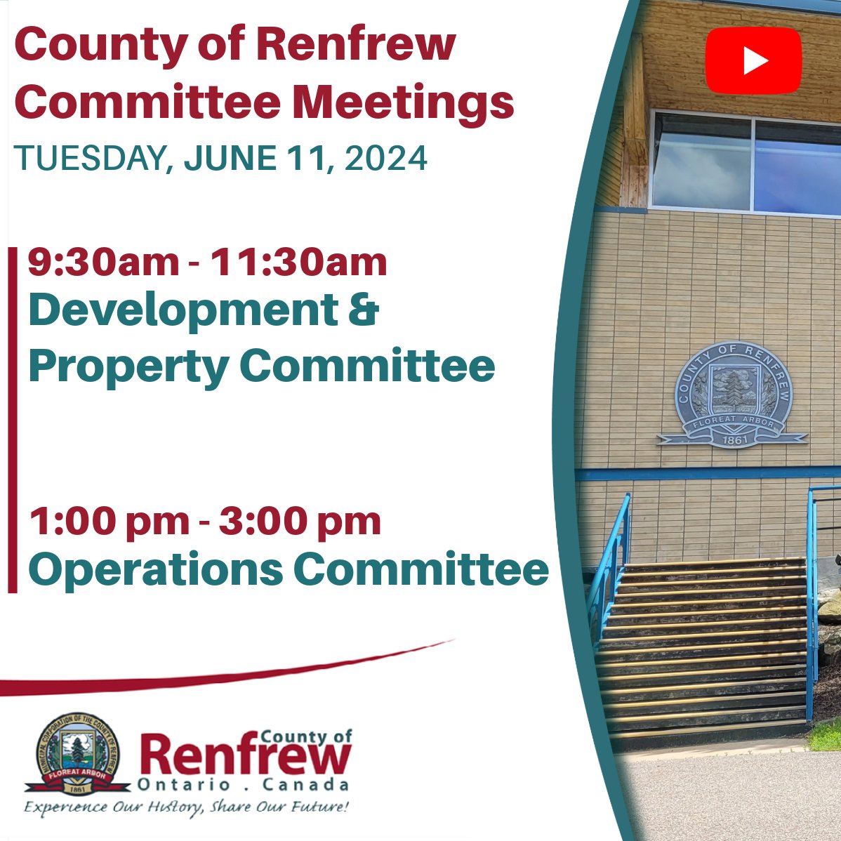 RenfrewCounty's tweet photo. Development & Property Committee (9:30 am) and Operations Committee (1 pm) meet today. To view the meetings on YouTube:
D&P Comm: https://t.co/1Y7xCxM0KV
Ops Comm: https://t.co/4YTfNW4fkg
#RenfrewCountyCouncil
#CommitteeWeek
#RenfrewCounty
@PeterEmon1
@DoncasterGlenn https://t.co/4fsB6ZIDlE
