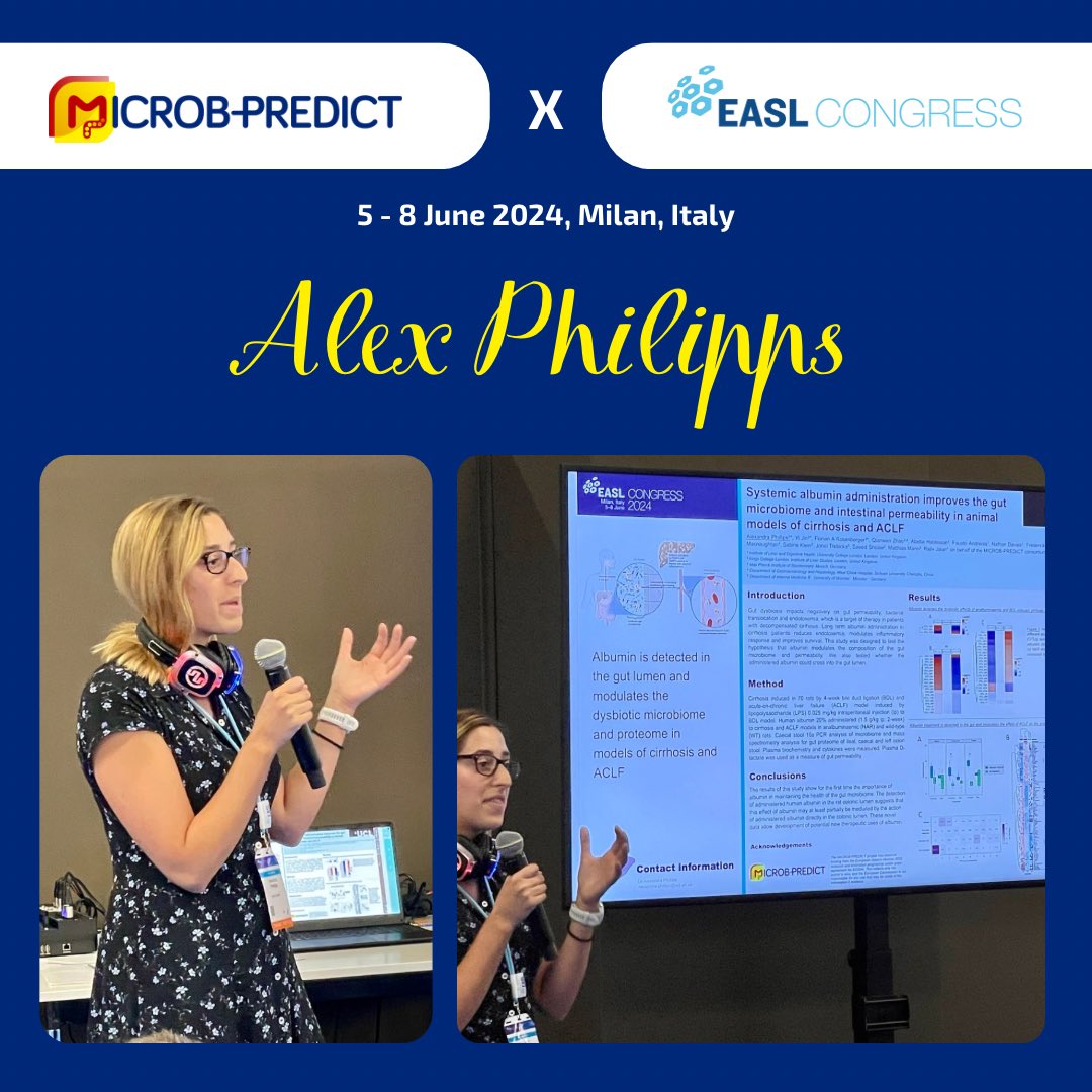 MicrobPredict's tweet photo. 👉 Alex Philipps (@amphillips169) from @UCL presented the positive effects of systemic #albumin administration on the #GutMicrobiome &amp; intestinal permeability in rodent models of #cirrhosis &amp; #ACLF at the project-specific #EASLCongress #PosterTour. Great job 🐁📊👏! @RajivJalan1 https://t.co/biA2iOJCRe