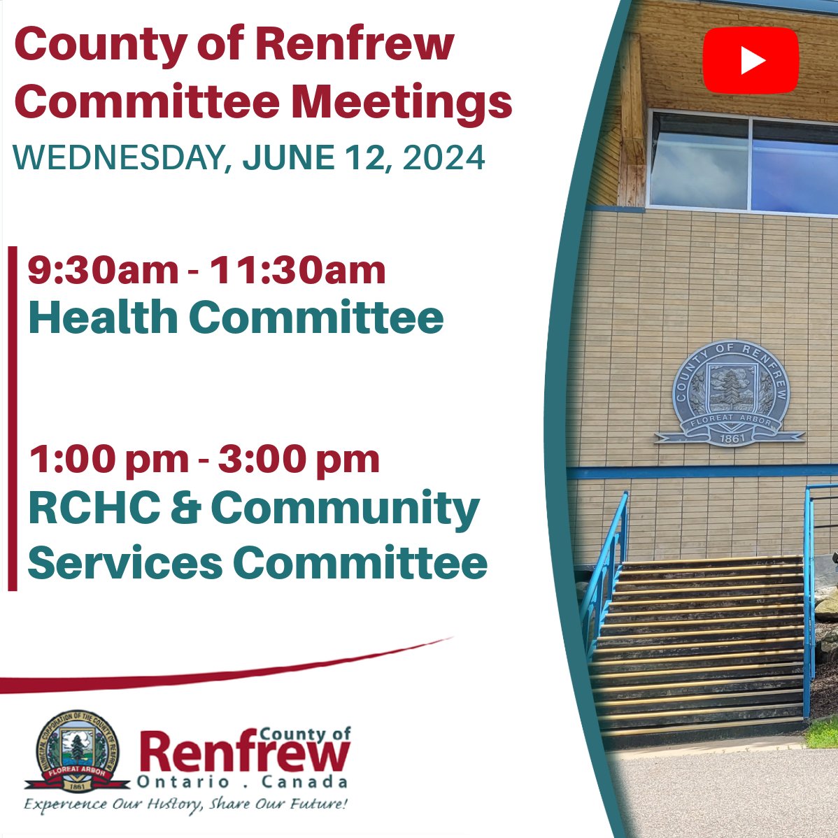 RenfrewCounty's tweet photo. Health Comm (9:30 am) & Renfrew County Housing Corp/Community Services Comm (1 pm) meet today. To view mtgs on YouTube:
Health: https://t.co/za7pHnQhSB
RCHC/Community Svc: https://t.co/eH2CejEV80
#RenfrewCountyCouncil
#CommitteeWeek
#RenfrewCounty
@PeterEmon1
@donohueranch https://t.co/LL1nVjst6p