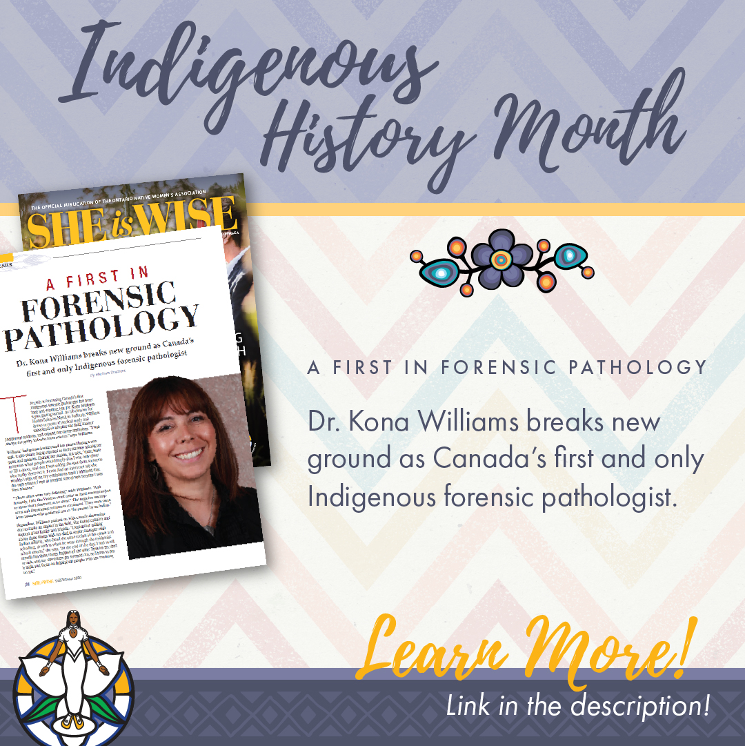 Dr. Kona Williams breaks new ground as Canada’s first and only Indigenous forensic pathologist. 
 
Read this article on page 24-25 of She Is Wise Magazine Fall/Winter 2020 at: onwa.ca/she-is-wise-ma…