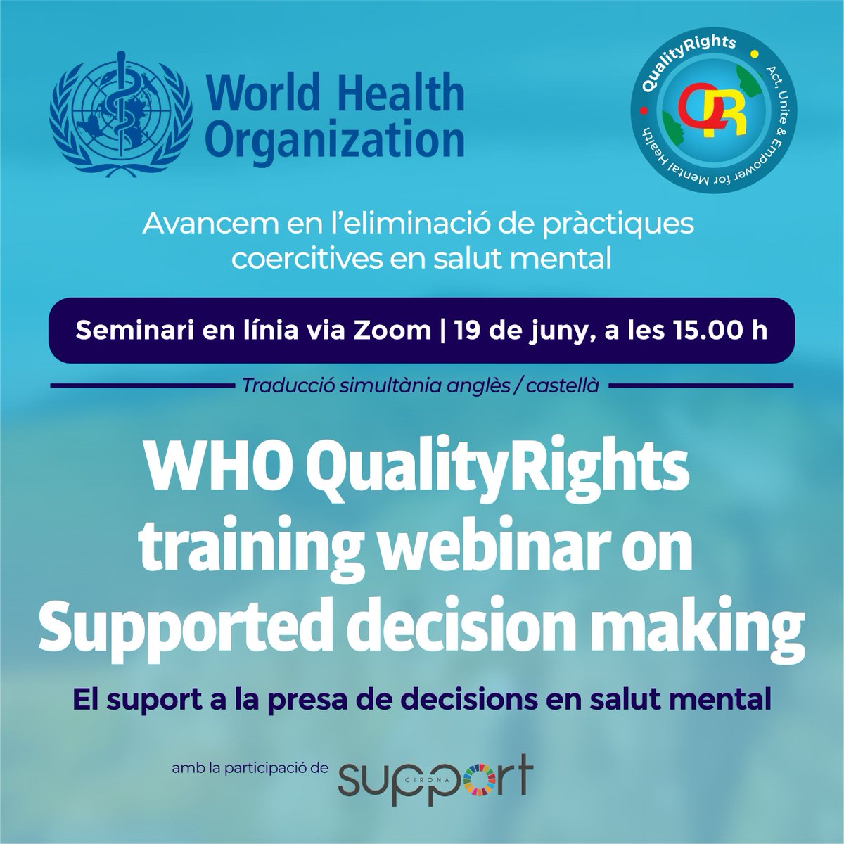 #Webinar de <a href="/WHO/">World Health Organization (WHO)</a> sobre el suport a la presa de decisions. Si ets un professional que atén persones amb una discapacitat, no te'l perdis. És gratuït i t'hi pots incriure aquí ➡️ tuit.cat/y6nXc (traducció anglès/castellà)

🗓️ 19 de juny 🕰️ 15.00 hores

#SupportGirona