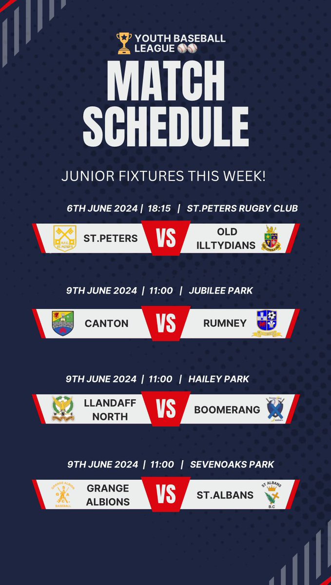baseballwales's tweet photo. Junior fixtures for this week, please support the future of our game ⚾️ https://t.co/6oYwDgGbCS