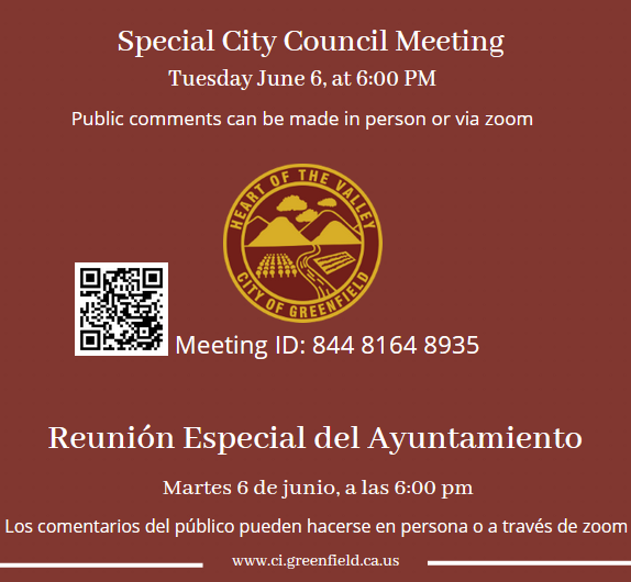 Greenfield_CA's tweet photo. Special City Council Meeting Agenda: https://t.co/hklEfTADUF the meeting: https://t.co/1k7kvrHWVE.us- Reunión del Ayuntamiento Agenda: https://t.co/RgvZmA26qY a la reunión: https://t.co/gy6WjUyzWB #HeartOfTheValley #Greenfield #corazondelvallen https://t.co/7FK7Itltus