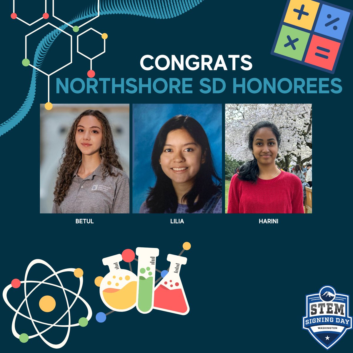 ReadyWA's tweet photo. Three cheers🎉🎉🎉 to the three #STEMSigningDay honorees from the @Northshore_SD Betul, Lilia, and Harini. They will be heading to @CentralWashU, @UW, and @Caltech, respectively, this fall! #BoeingInspires https://t.co/NhYfWtsJcC