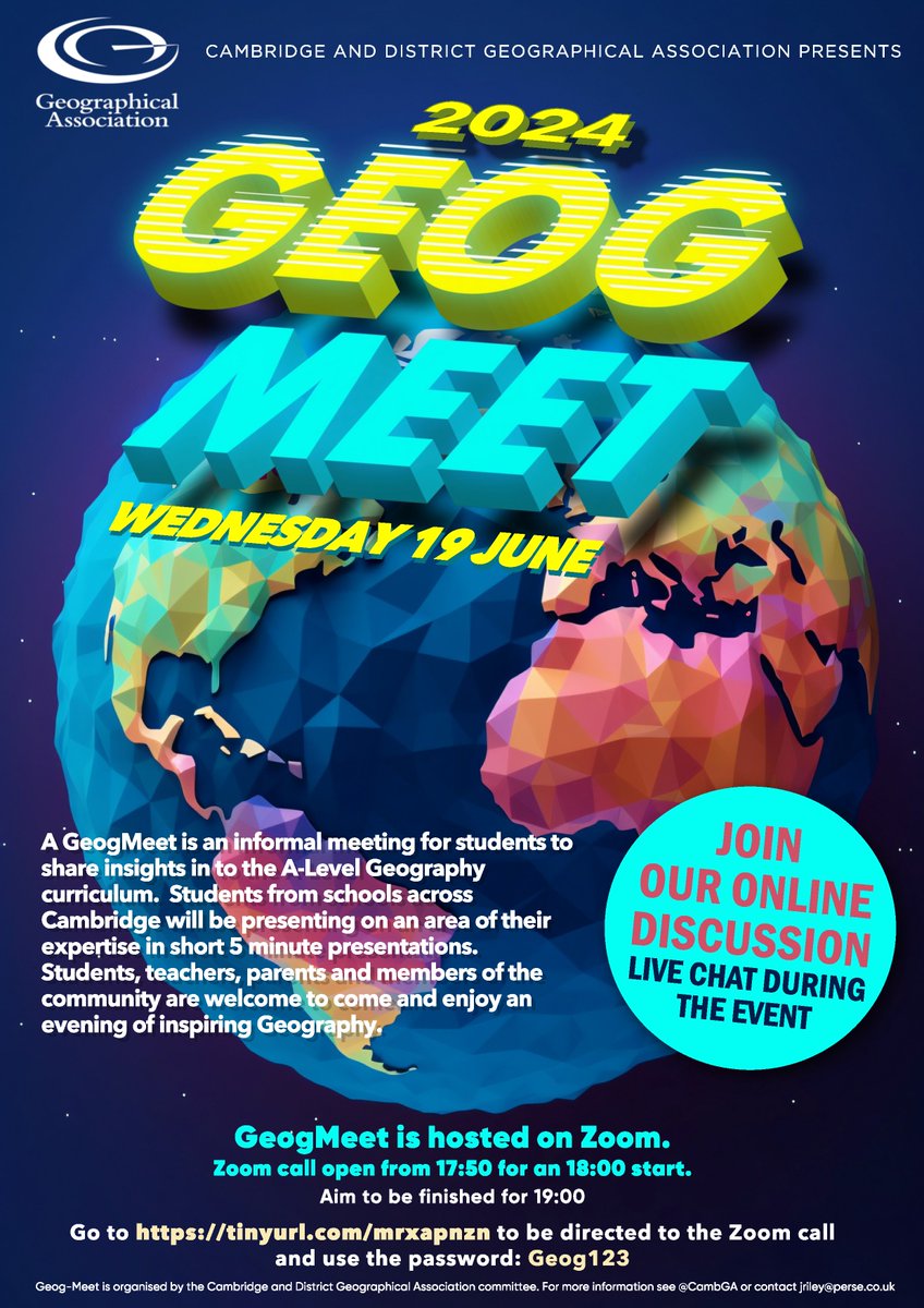 Our sixth <a href="/The_GA/">Geographical Association</a> <a href="/CambGA/">Cambridge Geographical Association</a> GeogMeet here in Cambridge is now live. Please come and join us on Wednesday 19 June for some inspiring sixth form Geography. Presentations from @LeysGeography <a href="/SPFGeography/">Stephen Perse Foundation Geography</a> <a href="/StMarysSch/">St Mary's School, Cambridge</a> <a href="/BSCollege/">Bishop's Stortford College</a>