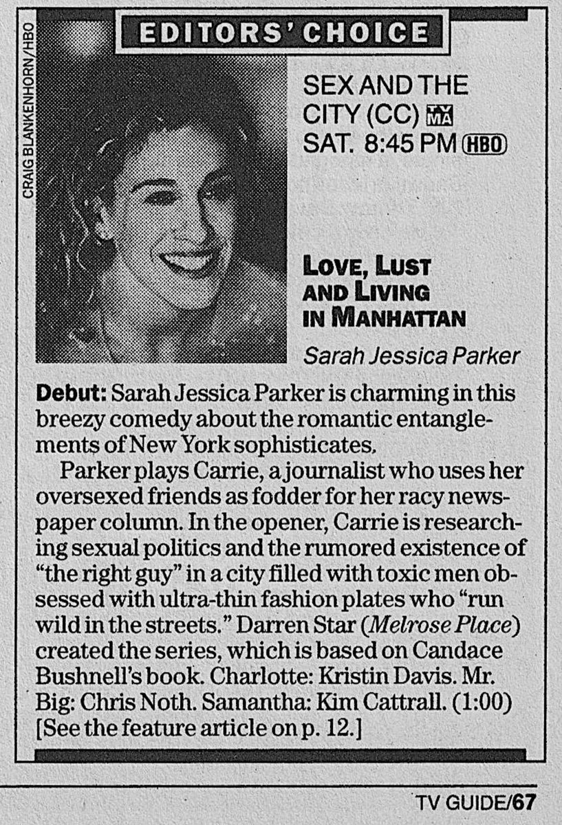 dumbandfunn's tweet photo. a TV Guide article about the premiere of Sex and the City on June 6, 1998 https://t.co/fG9ghT1RFr