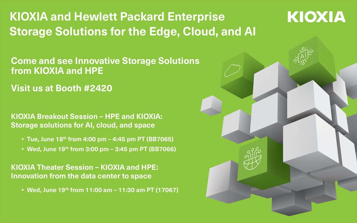 If you're building your agenda for the upcoming #HPDiscover event, be sure to add the joint KIOXIA/HPE breakout sessions to learn how the Spaceborne project with <a href="/HPE/">HPE</a>/<a href="/NASA/">NASA</a>/#KIOXIA is bringing innovation from the data center to space. bit.ly/3Vnqezw