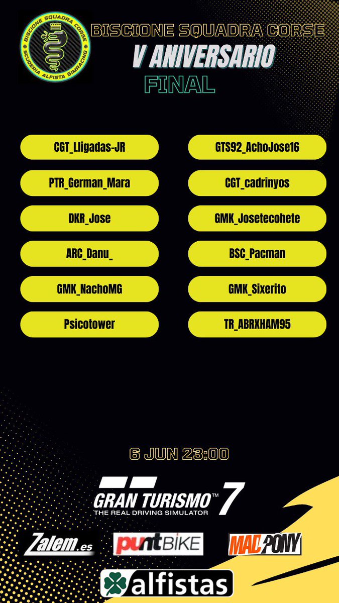 BiscioneSquadra's tweet photo. 📣Y LLEGÓ EL DÍA!!📣 Hoy a las 23h los 12 pilotos clasificados de las 2 semis lucharán por la victoria en la #GranFinal del Evento 5° Aniversario Biscione junto a @coquelopez14 y @MarioSoler19Z !!! Nos lo contará en directo el inigualable @marc_dp en https://t.co/YqbqVpExxC !!! https://t.co/lU2UDDeDmw