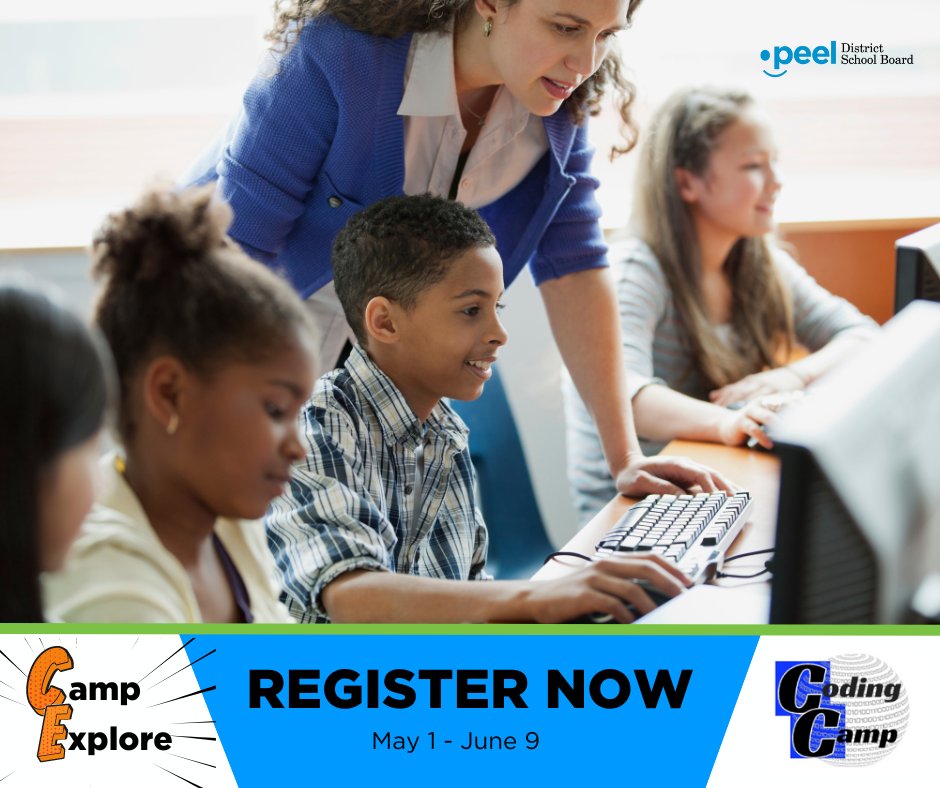 Camp Explore and Coding Camp are exciting new literacy and numeracy-connected summer learning opportunities for current Grades 6 to 10 students. 

Register now until June 9 at 11:59 p.m.   

To learn more and register please visit peelschools.org/after-school-a…