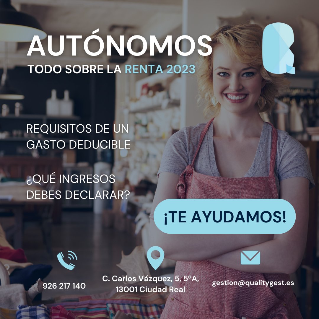 qualitygest's tweet image. ¡Informamos a los autónomos sobre la declaración de la renta 2023! 💰 ¿No sabes cuáles son los requisitos para un gasto deducible o qué ingresos debes declarar? ¡Te ayudamos! #Renta2023 #impuestos

✉ gestion@qualitygest.es
📞 926 217 140
📌C. Carlos Vázquez, 5, 5º A, Ciudad Real