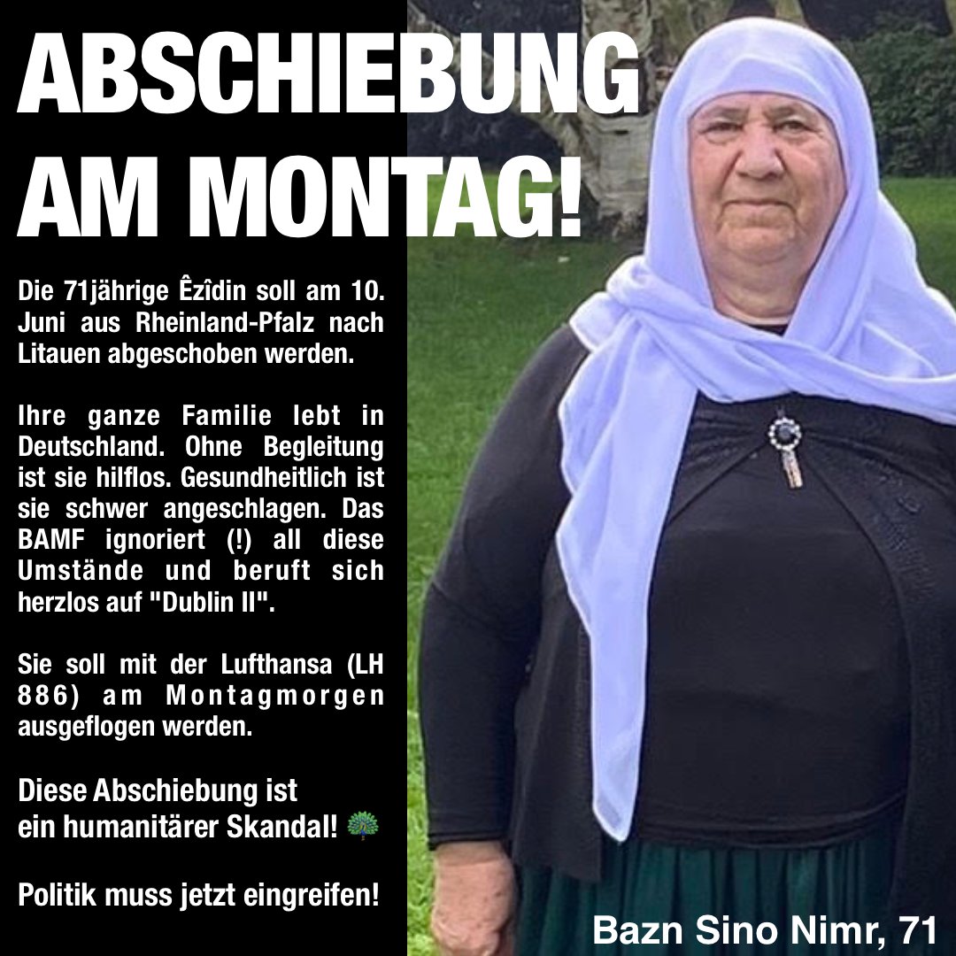 Was läuft in unserem Behörden, wie dem <a href="/BAMF_Dialog/">BAMF</a>, falsch? Eine 71 Jahre alte, kranke Êzîdin 🦚 soll ihrer Familie, die komplett in Deutschland lebt entrissen und nach Litauen abgeschoben werden. Sie ist ohne ihre Familie hilflos. Enkeln wird die Oma genommen. 
Am Montag will