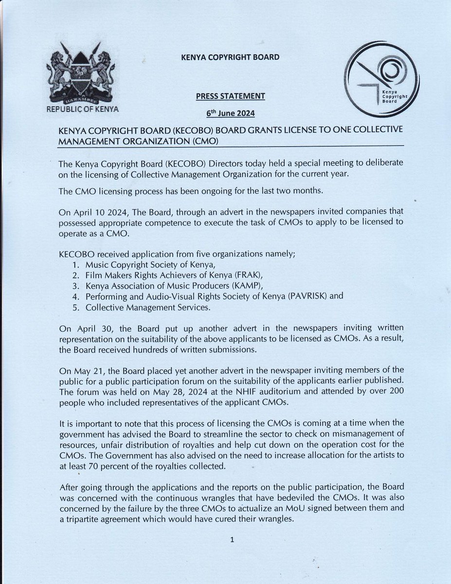 Performing &Audio-Visual Rights Society of Kenya tweet media