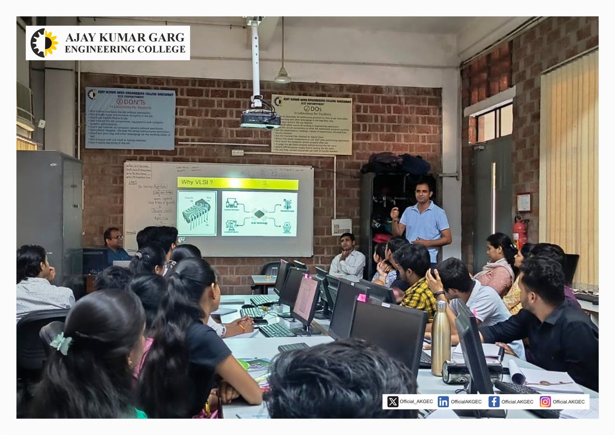Official_AKGEC's tweet image. #AKGEC&apos;s Electronics Club held a workshop on &quot;Digital Hardware Design using #Verilog #HDL&quot; for 2nd-year students, led by Vikram Singh from #STMicroelectronics, featuring hands-on training and enhancing VLSI design #skills.
 #simulationtool #collaborative #GuestLecture