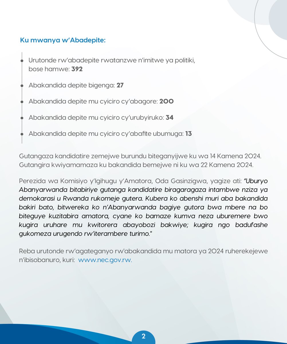 RwandaElections's tweet photo. URUTONDE RW'AGATEGANYO RW'ABAKANDIDA KU MWANYA WA PEREZIDA WA REPUBULIKA N’ABADEPITE RWASHYIZWE AHAGARARAGARA.
#AmatoraMuMucyo https://t.co/WAAT6r9jGS