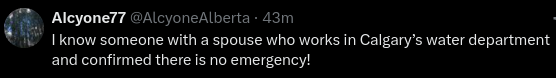 mpetch's tweet photo. Well it must be true, there is no water emergency. #yyc #emergencyalert #FriendofaFriend [sarcasm] https://t.co/ubccMRyqOf