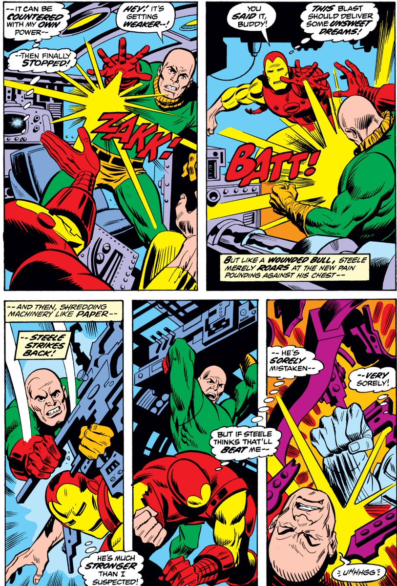 MarvelADay's tweet photo. #MarvelADay #IM61
Steele, being a clever mechanical engineer himself, figures out how to use Tony's gauntlet - but Tony still has the rest of the armor, and quickly puts Steele down.
JH https://t.co/oO0GXZtY73