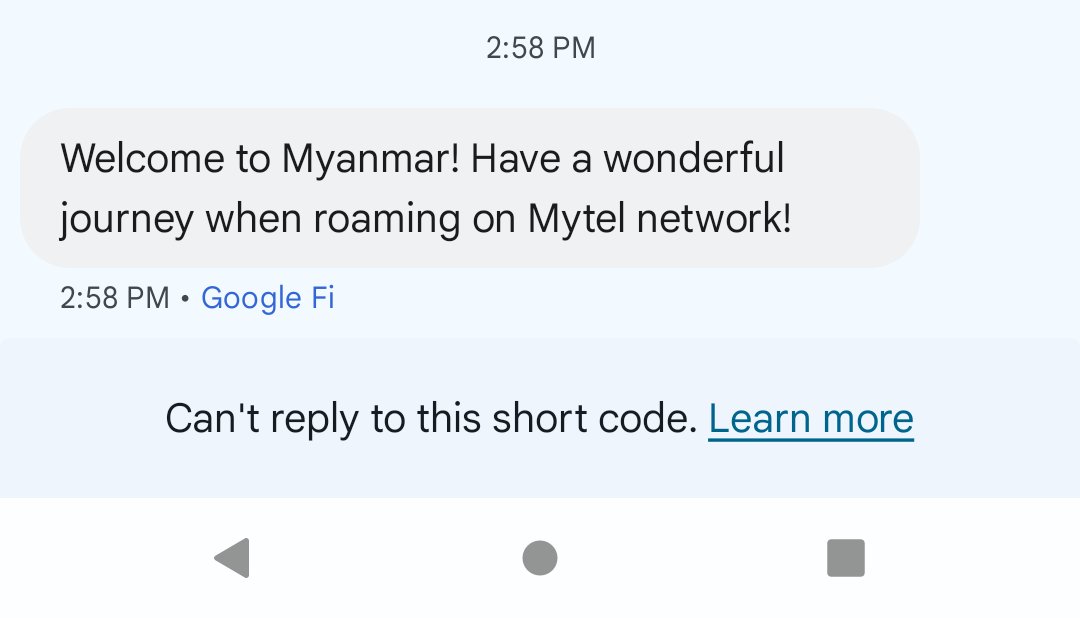M Thaw (@mthaw_mm) on Twitter photo Is <a href="/googlefi/">Google Fi Wireless</a> really in a roaming partnership with Myanmar military-owned Mytel?? Is <a href="/googlefi/">Google Fi Wireless</a> really in a roaming partnership with Myanmar military-owned Mytel??