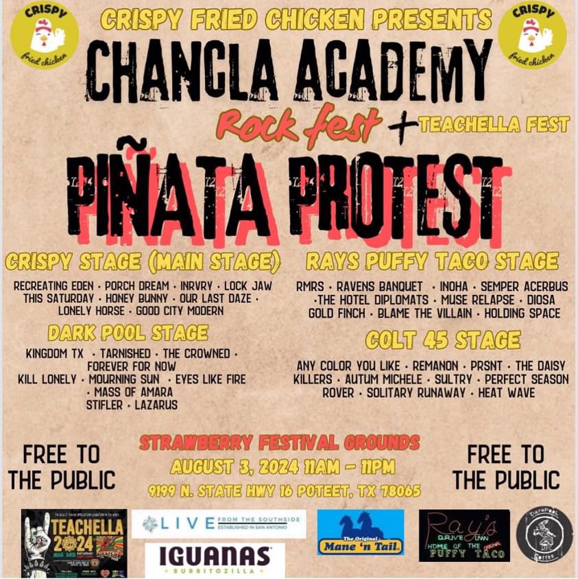It official!!! <a href="/pinataprotest/">Piñata Protest</a> will be headlining Chancla Academy ‘s 2nd annual RockFest Aug. 3rd at the Poteet Strawberry Festival Grounds in Poteet, Tx. We are looking forward to sharing a stage with them &amp; so many great bands. 

#HotelDiplomats #weareallhoteldiplomats