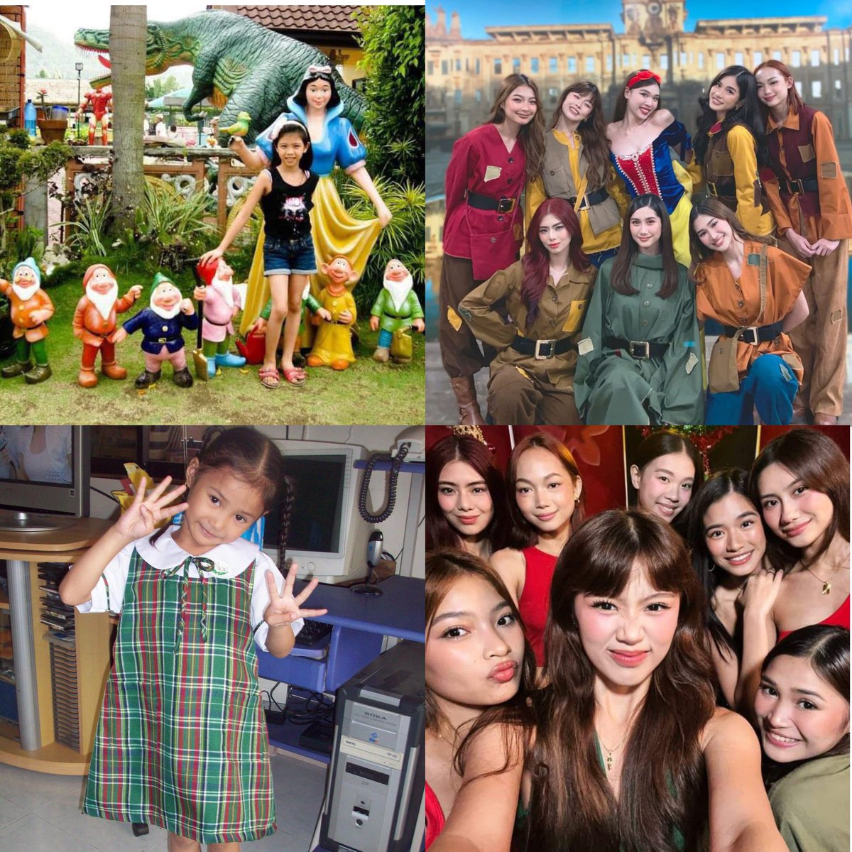 mikhalogy's tweet photo. little stacey had no idea that she will be dressed as snow white together with her BINI sisters as seven dwarfs.

little jhoanna posing with “8” on her fingers 16 years ago, taken exactly on their debut date. 

this is what they call DESTINY! 🥹 https://t.co/VNWKOUpA0Y