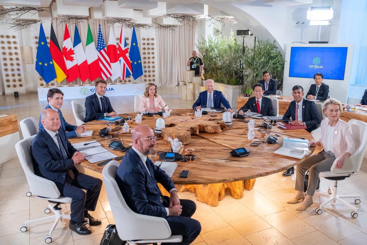 WhiteHouse46's tweet photo. Today, President Biden met with fellow G7 leaders to discuss a wide range of issues.

First, the leaders met to discuss Africa, climate change, and development. In the second session, leaders discussed the Middle East and G7 support for the ceasefire and hostage deal President Biden outlined a few weeks ago. G7 leaders then met with President Zelenskyy to discuss the G7’s continued support for Ukraine.